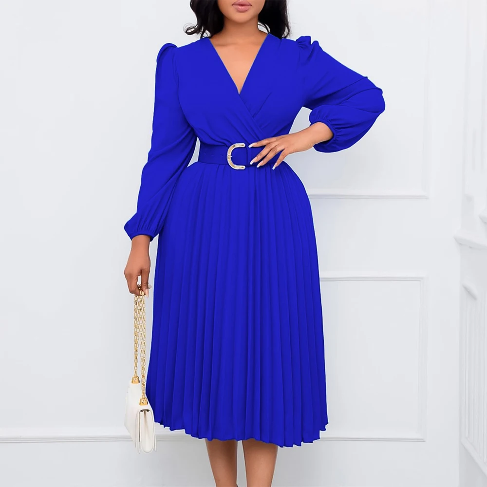 

2023 Autumn New Pleated Dresses for Women Full Sleeve V Neck Belt Waisted Elegant Birthday Party Dinner Vestidos Mujer Dress Hot