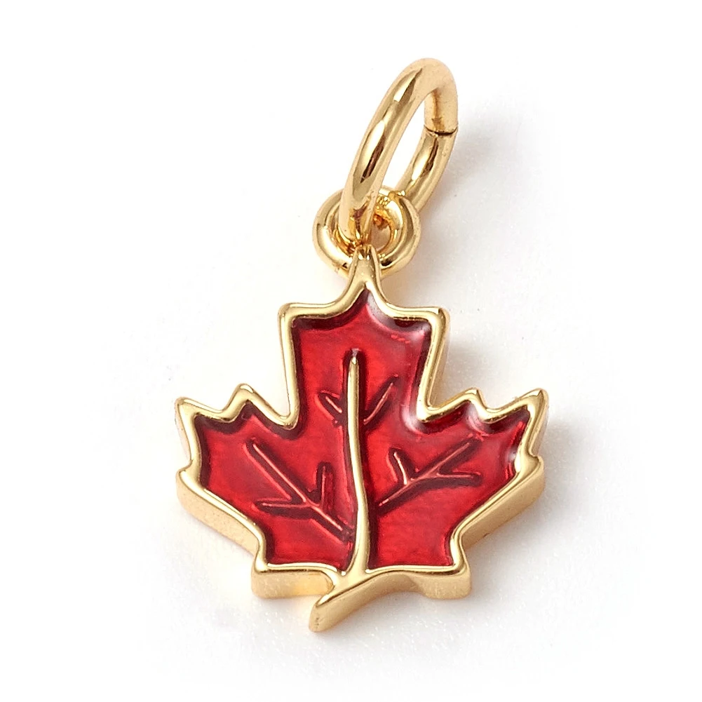 

10PCS Autumn Theme Brass Charms with Enamel and Jump Rings Maple Leaf Red Golden Jump Ring for Making DIY Jewelry Earring Craft