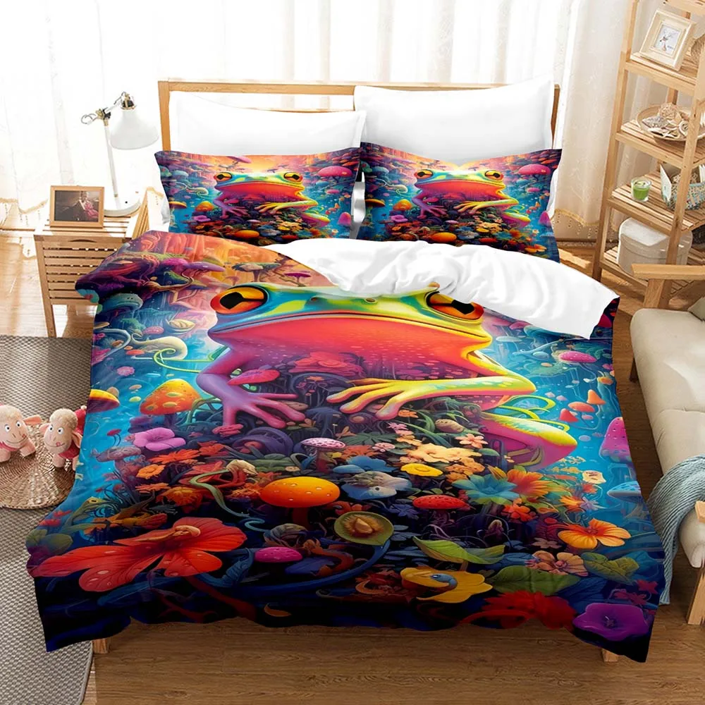 Kawaii Colorful Frog Art Music Adventure Three Piece Bedding Set Luxury Comforter Set with Queen King Size Including household g