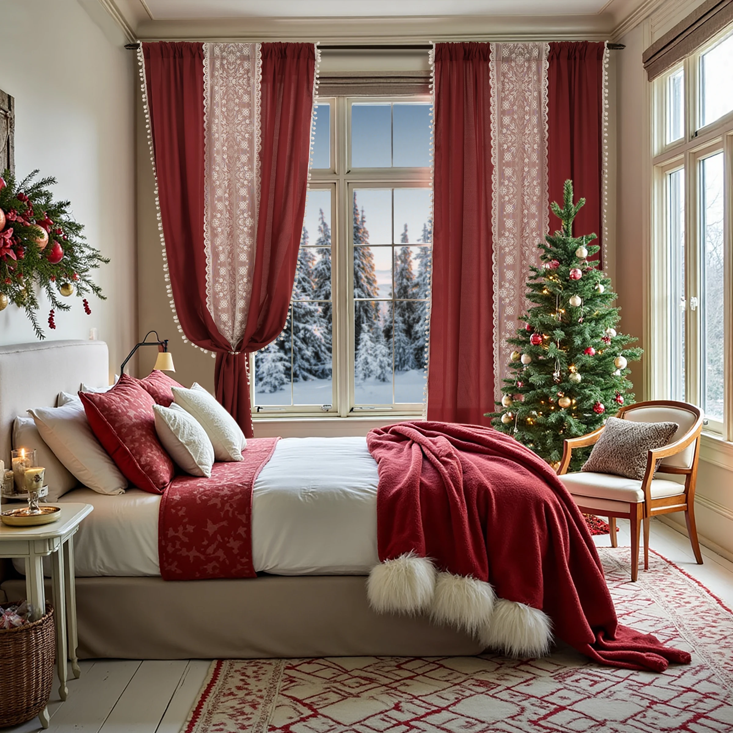 1PC Christmas Red Polyester Pongee Semi-Transparent Snowflake Double-Sided Pom-Pom Rod Pocket Curtains, Suitable for Christmas