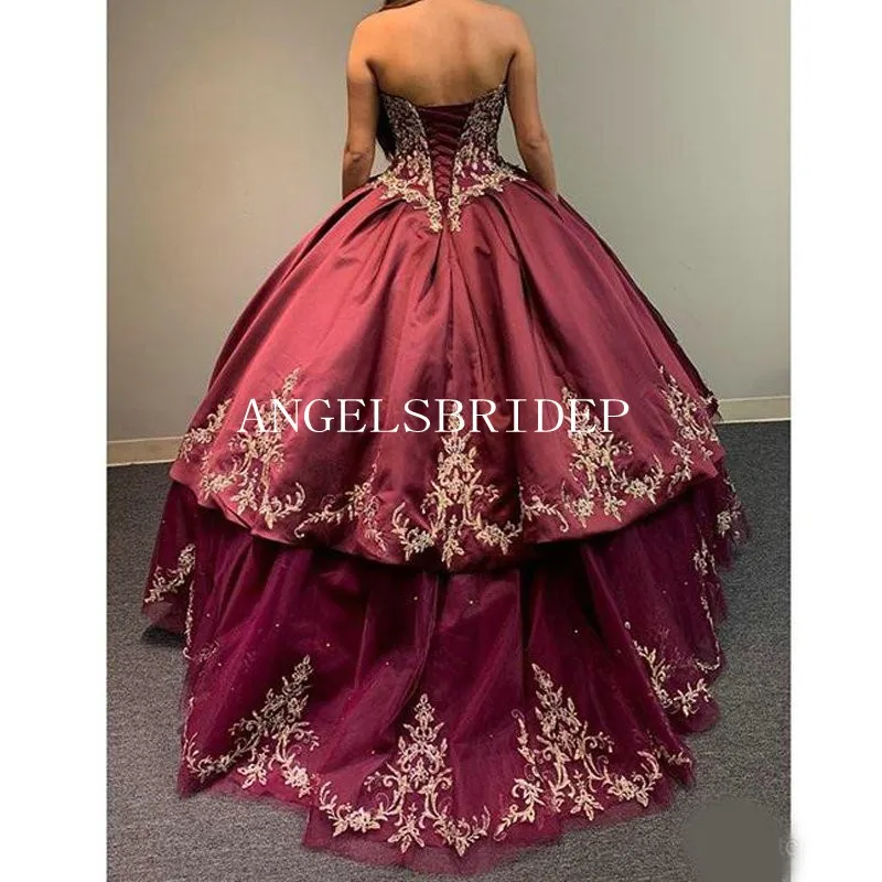 Angelsbridep Burgundy Tiered Ball Gown 15 Year Old Quinceanera Dresses Princess Satin Sweetheart Birthday Party Dress