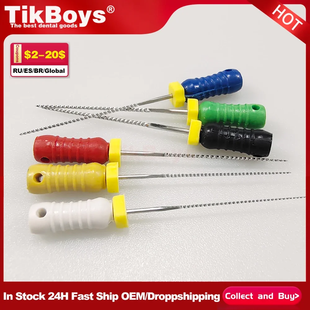 Instruments endodontiques dentaires en acier inoxydable, limes K, 21mm, 25mm, 31mm, fichiers de canal radiculaire dentaire, outils de traitement, 6 pièces par paquet