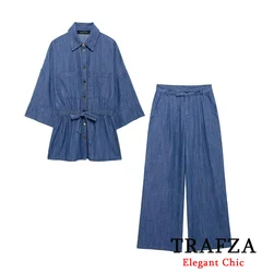 TRAFZA-Women Fashion Denim Shirt Pant Set Lace-Up Lapel Loose Top and Wide-Leg Pant New 2024 Autumn Winter Casual Female Set