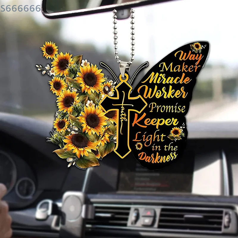 

For Car Sunflower Butterfly Car Charm Rear View Mirror Accessories Car Interior Decor Pendan Butterfly Cross Hanging Decoration