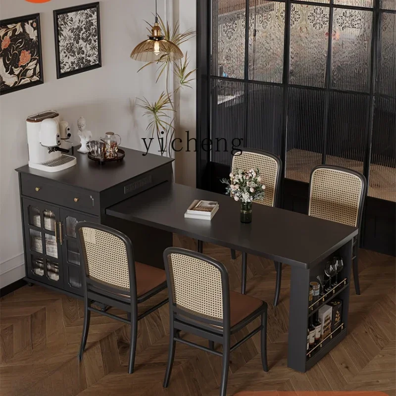 

retro solid wood island integrated dining table household retractable multi-functional dining table tea table dual-purpose