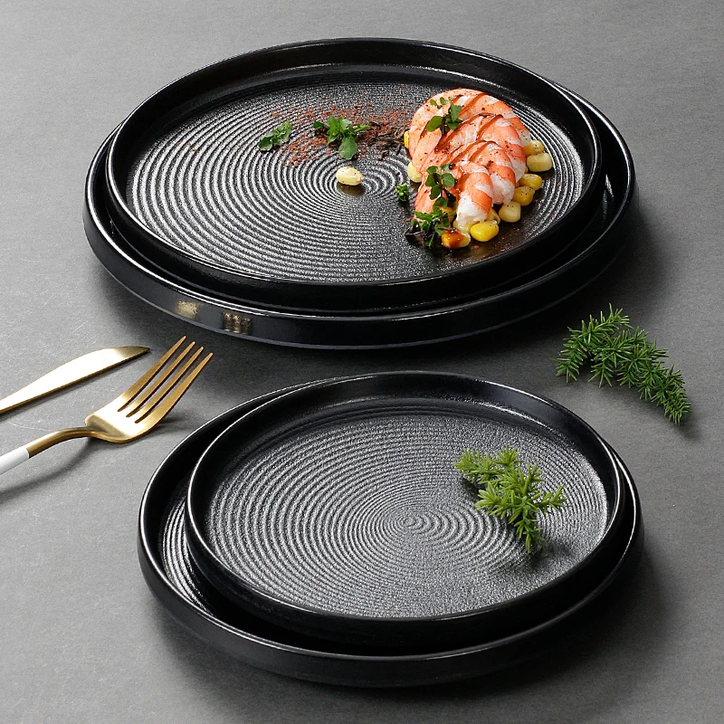 Black Plate Sushi Restaurant Canteen Pasta Pizza Dish Fast Food Melamine Tay Tableware Set Cafeteria Rectangular Flat Salver