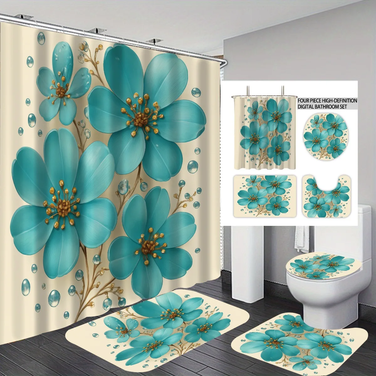 Various Flower Patterns Waterproof Bath Curtain Set,  with 12 Hooks,  Floor Mat Toilet Cover Bathroom Home Decor Various Sizes