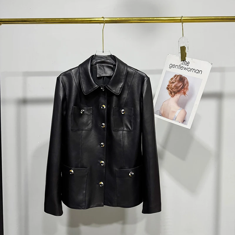 Real Leather Jacket Woman Fashion Colored Buttons Small Fragrance Wind Plant Tanned Sheepskin Slim Black Versatile Short Coat