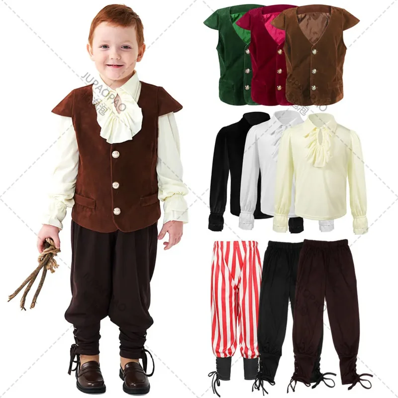 Costumes de cosplay de vampire victorien de la Renaissance médiévale pour garçons, tenue de carnaval d'Halloween, chevalier à volants, journée des enfants, PA62, 7,5