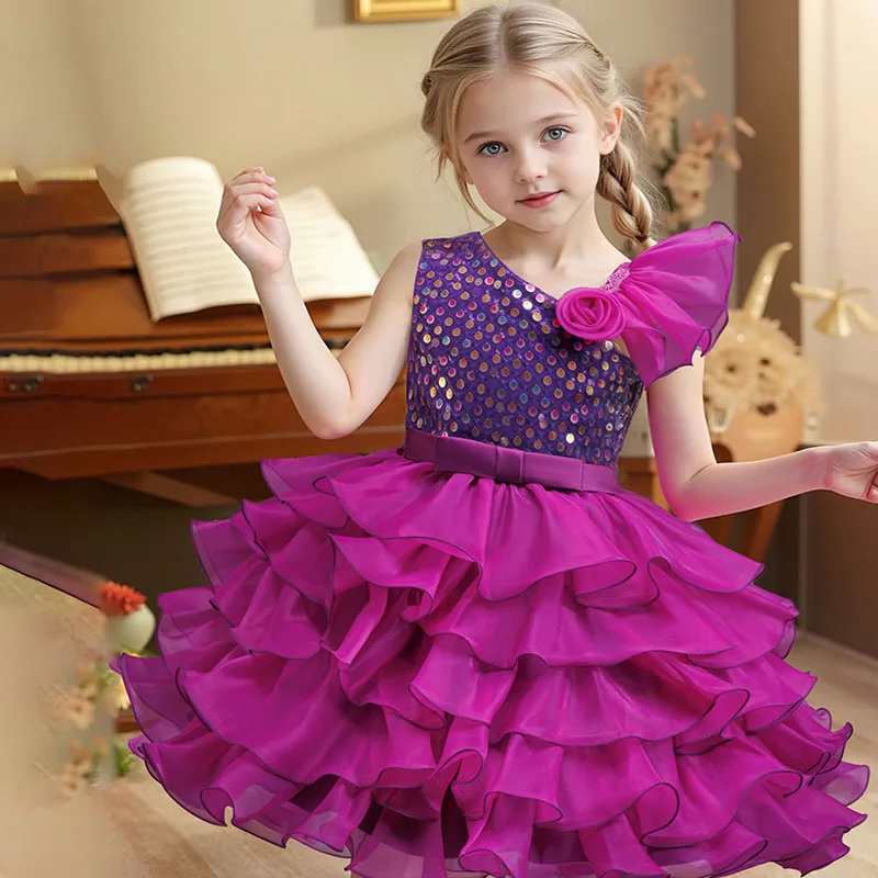 

Children's Dress Sloping Shoulders Sequins Cake Skirt Birthday Party Dress For Girls Bow Fluffy Prom Night Elegant Kids Clothes