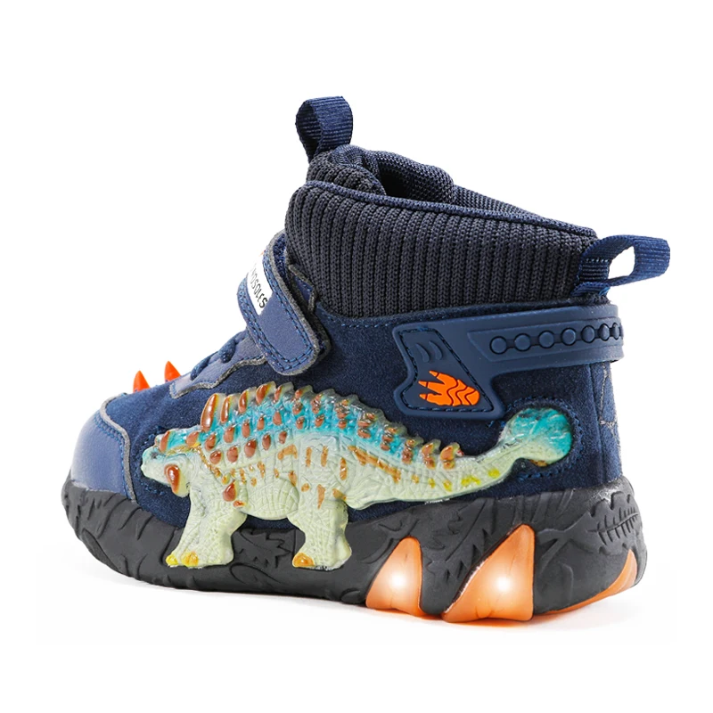 EXDINO LED Little Kids Dinosaur Light Up Spring Autumn Children\'s Boys Ankle Genuine Leather Shoes Ankylosaur Flashing Footwear