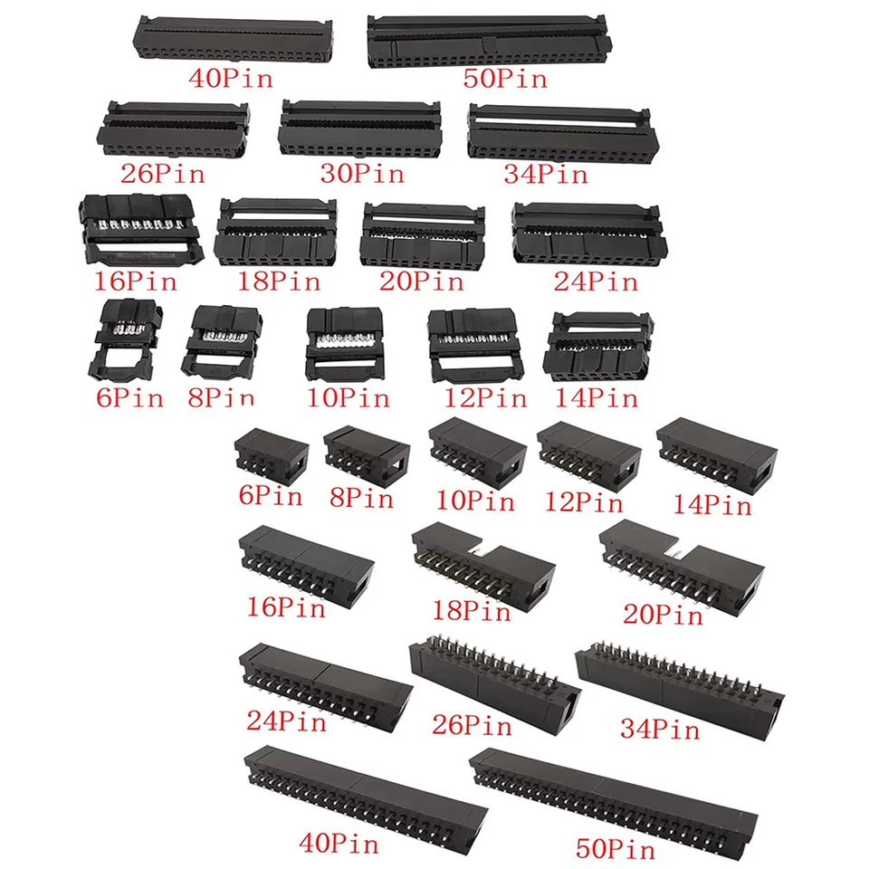 10 piezas conector de socket IDC hembra de 2.54mm pitch FC 6/8/10/12/14/16/18/20/24/26/30/34/40/50 pines conector de cinta DC3 cabezal macho