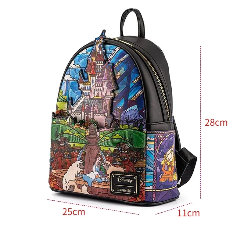 Original Loungefly Disney Backpacks Princess Castle Series Belle Womens Double Strap Shoulder Bags PU Leather Women Backpack