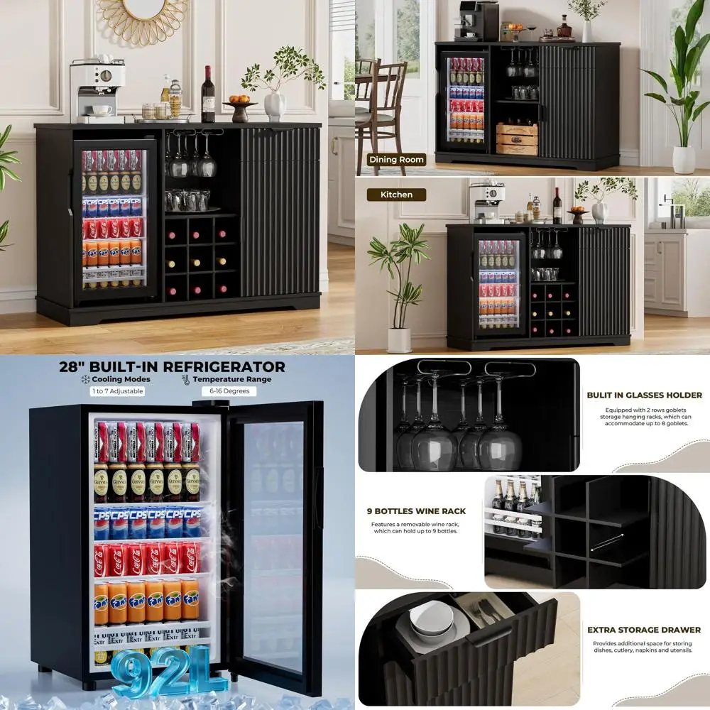 

Black 47 Wine and Liquor Cabinet with Ridge, Glass Holder, and Storage for Home Bar or Dining Area