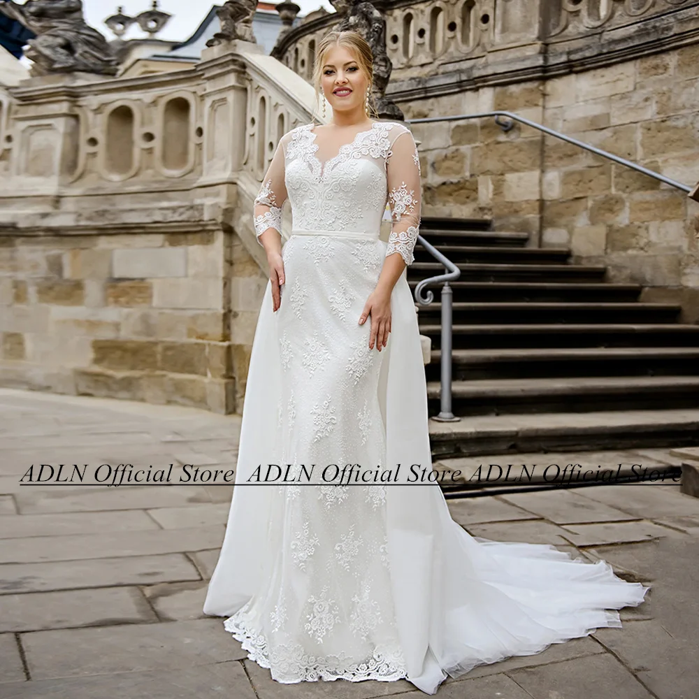 Robe de Mariée Classique de Grande Taille avec Traîne en Tulle Amovible, Manches 3/4, Col en V, Appliques, Balayage, Paillettes, Patients Sirène