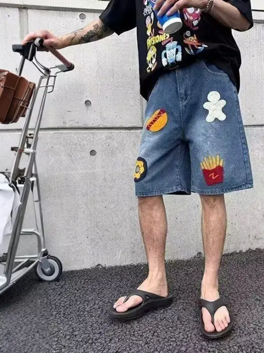 

American Retro Creative Hot Dog Burger Towel Embroidered Denim Men's High Street Straight Leg Wide Leg mid Waist Jeans