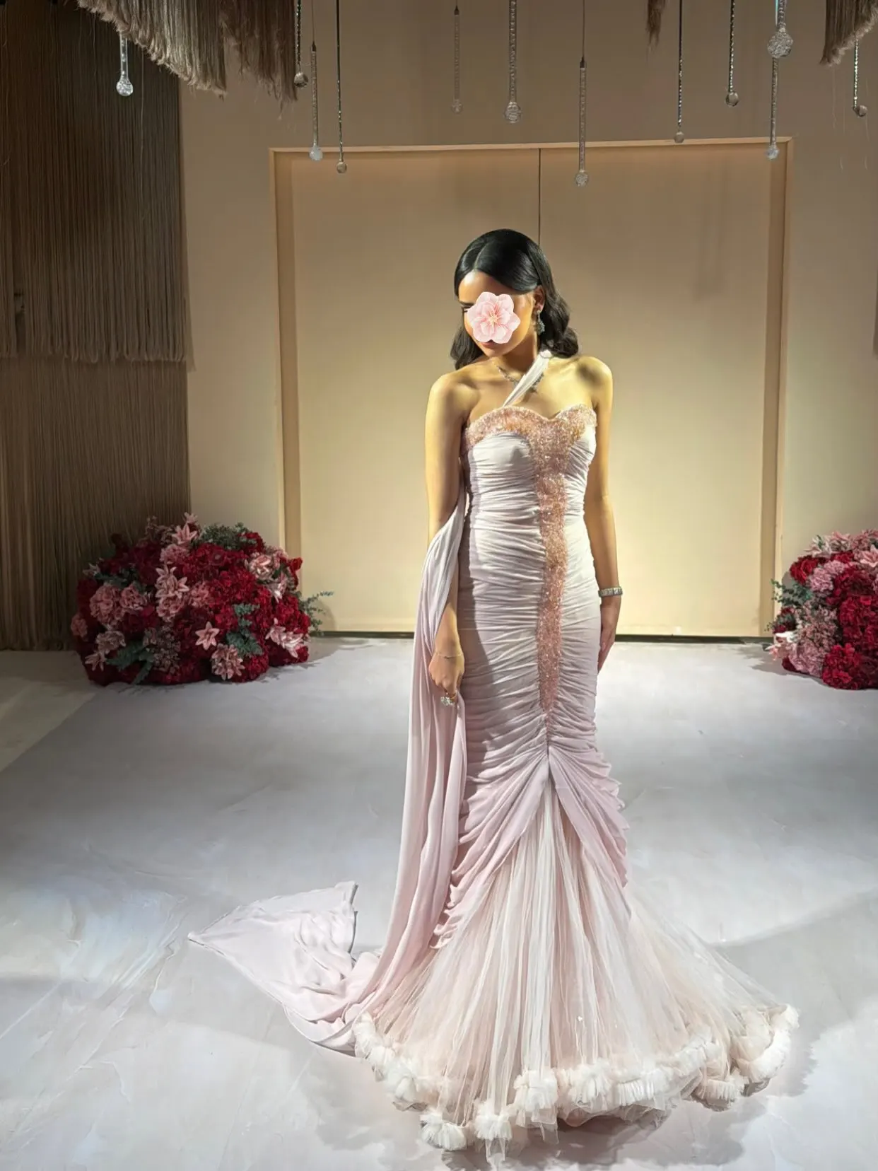 Aunber Pink Mermaid Sweetheart Evening Dresses Chest with Handmade Beads Shawl Train Chapel Train Exquisite Prom Party Gowns