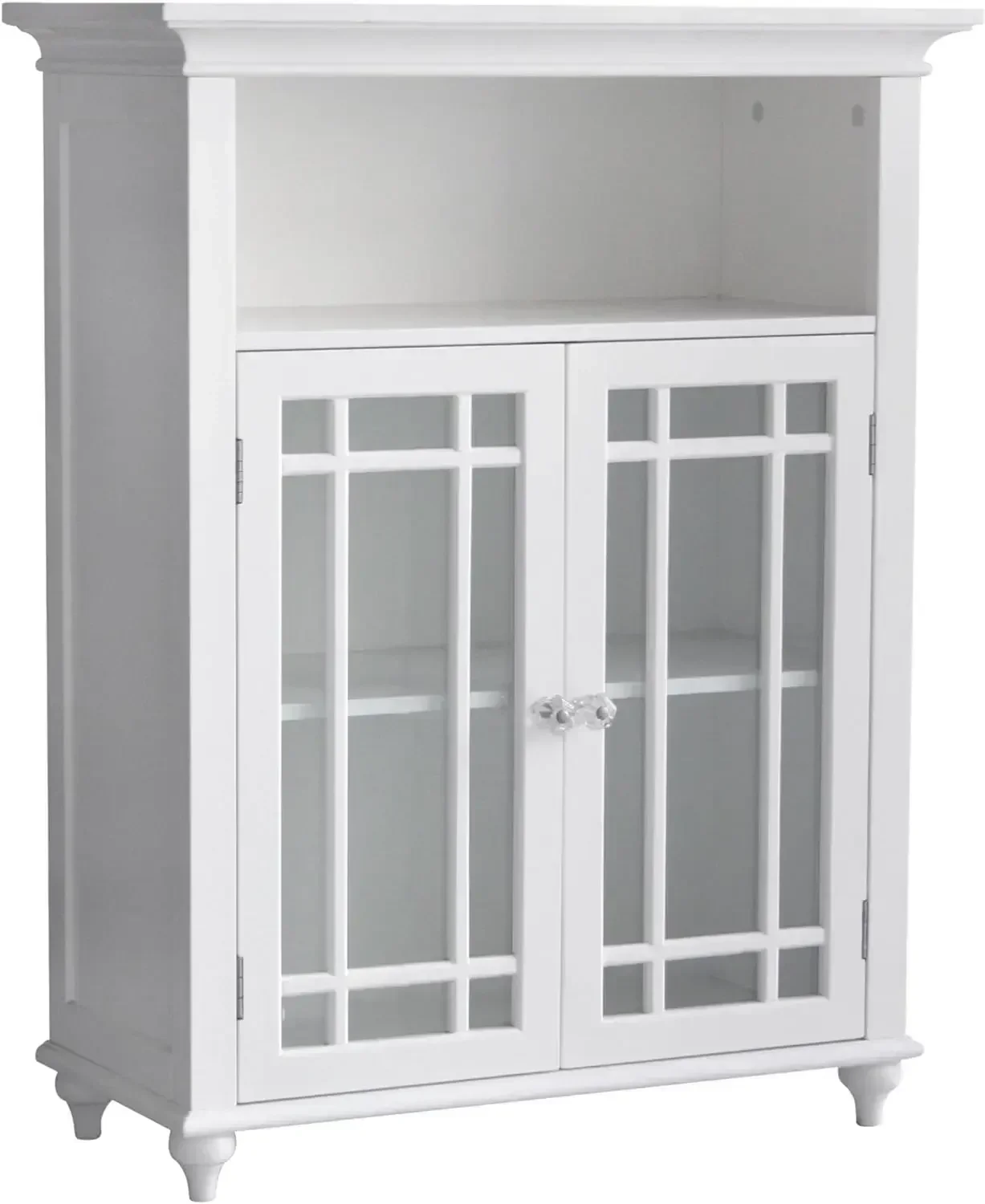 Neal Wooden Freestanding Floor Cabinet with 1 Adjustable Shelf 3 Storage Spaces 2 Glass Doors and 2 Clear Knobs, Wh