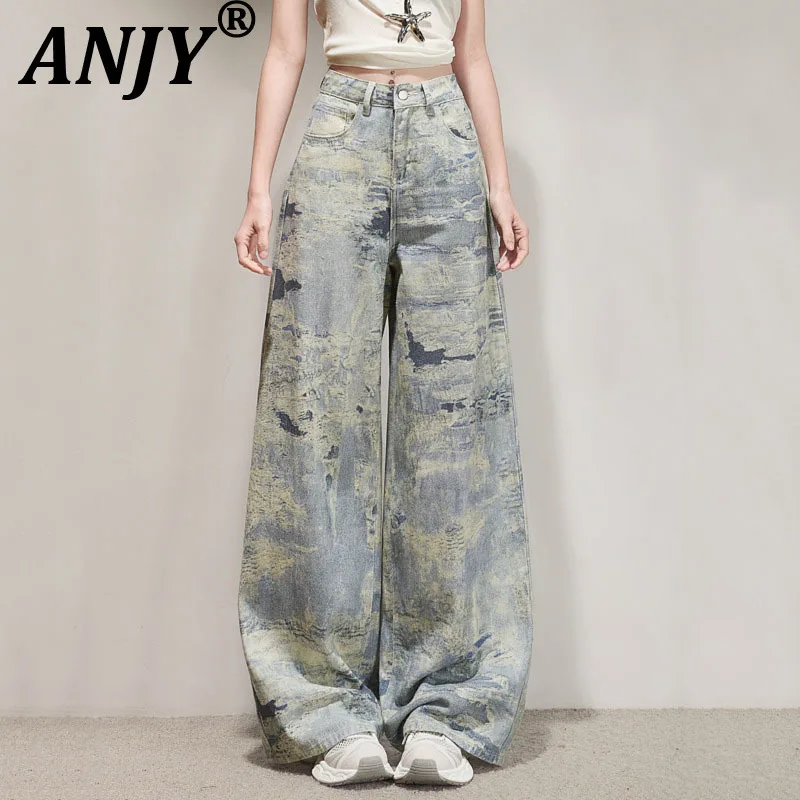 

ANJY Autumn New Women Stylish Jeans Tie-Dye Pockets High Street Vintage Elegant Fashion Y2K Casual Straight Wide Leg Pants A8811