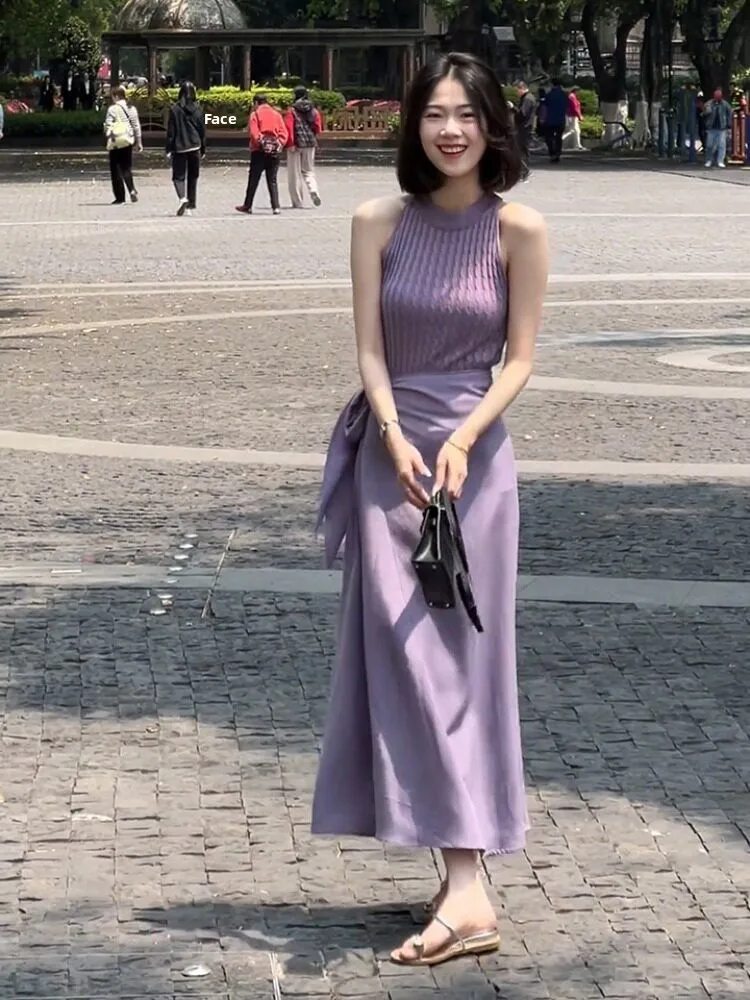 

Pure Desirable Purple Strap Vest Women's Summer Outdoor Wear Slimming Slim Fit Short Top Breathable Comfortable round Neck