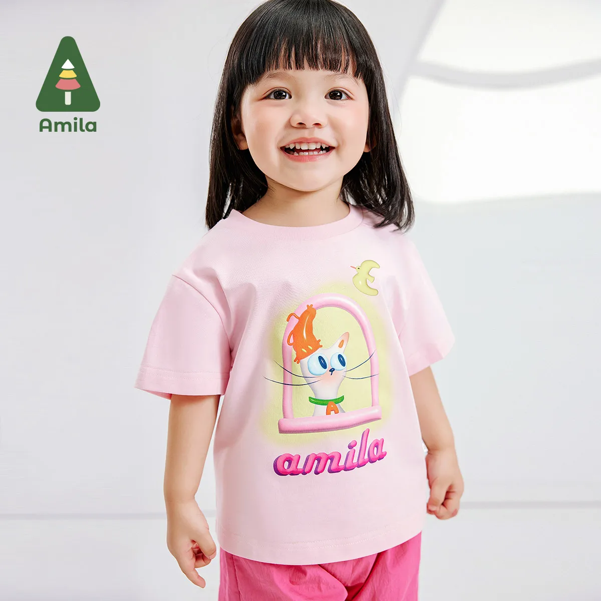 Amila Baby Girl Top 2024 Summer New Cartoon Kitten Print Cotton Sleeved T-shirt Children's Clothes 0-6Y