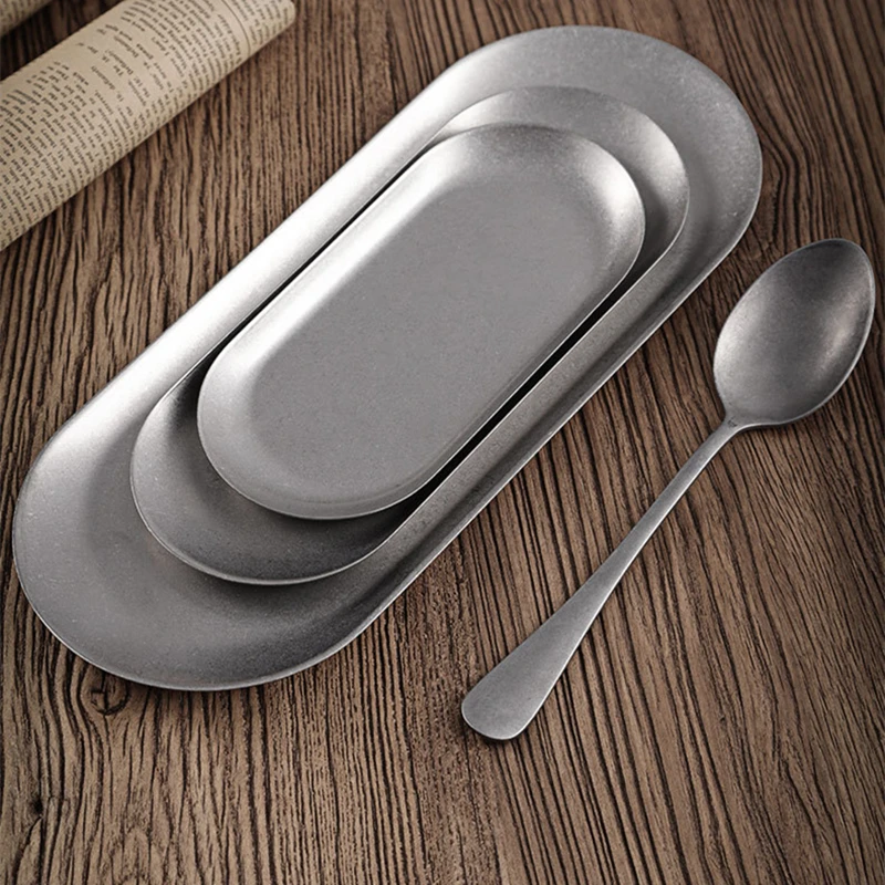 

Retro Oval Stainless Steel Plate Thickened Silver Dessert Storage Tray Shallow Dishes Kitchen Tableware