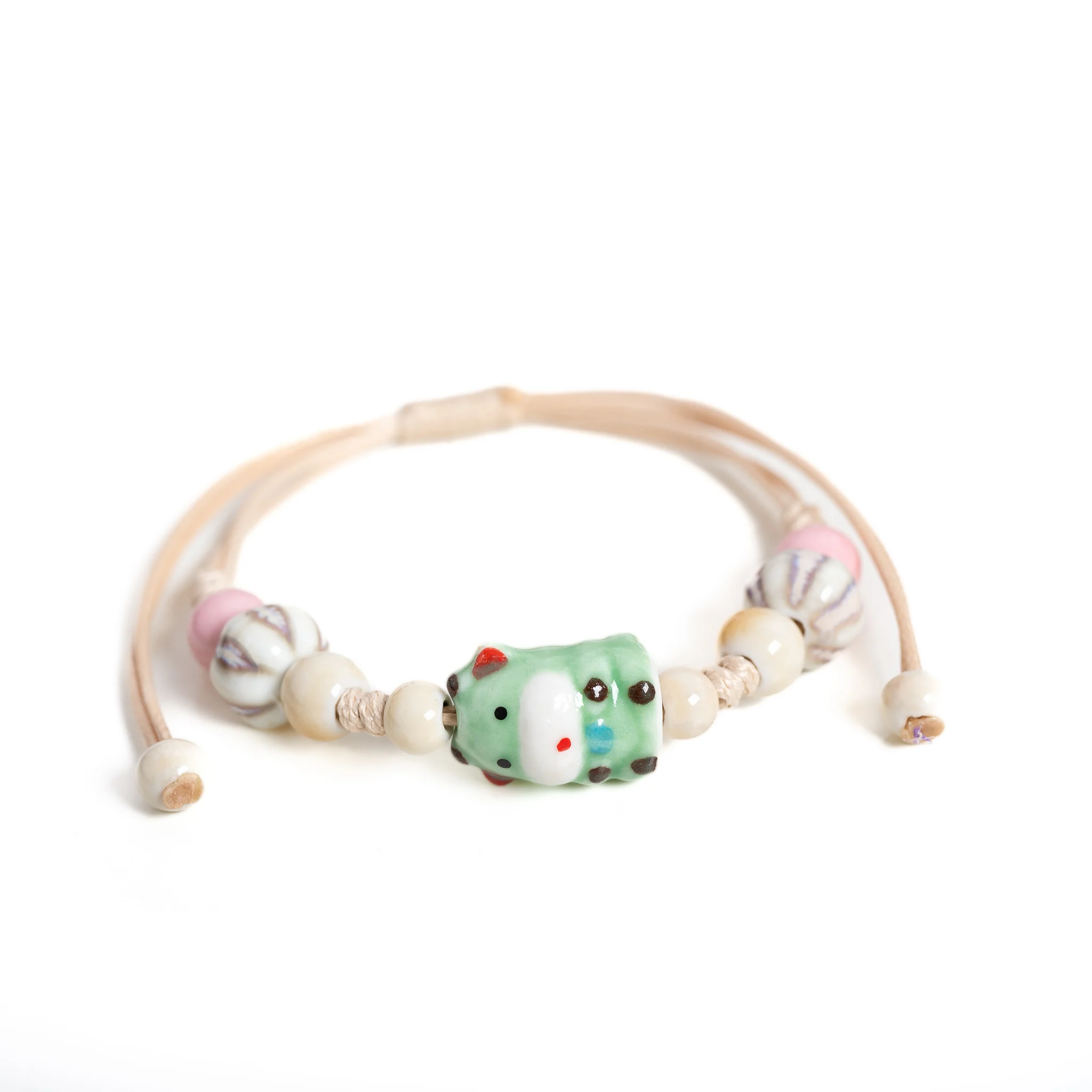 Cute Green Cow Ceramic Bracelet Handmade Wax Cord Adjustable Porcelain Animal Bead Bracelet Boho Vintage Jewelry Gift for Women