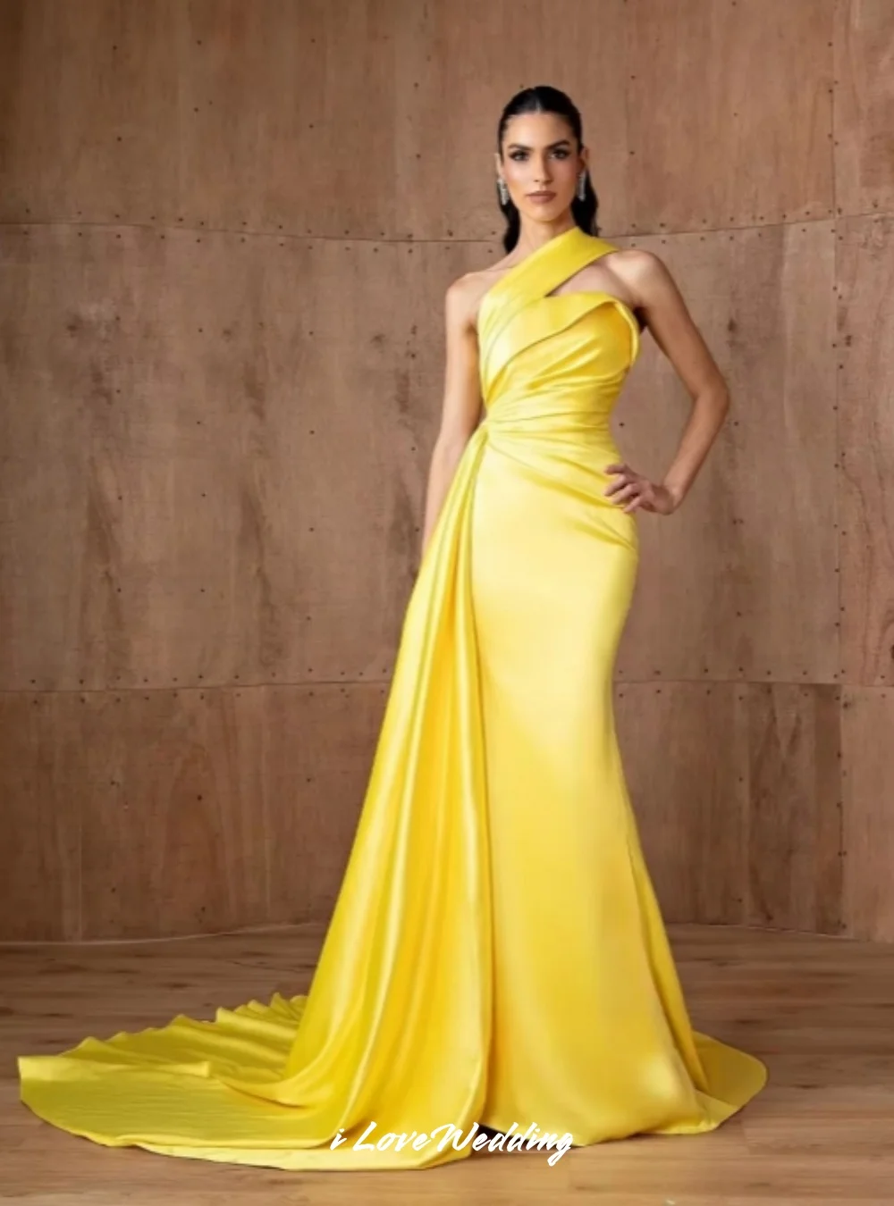 

Yellow One Shoulder Evening Dresses 2025 Satin Sleeveless Pleat Mermaid Prom Dress Sweep Train Wedding Party Dresses Customized