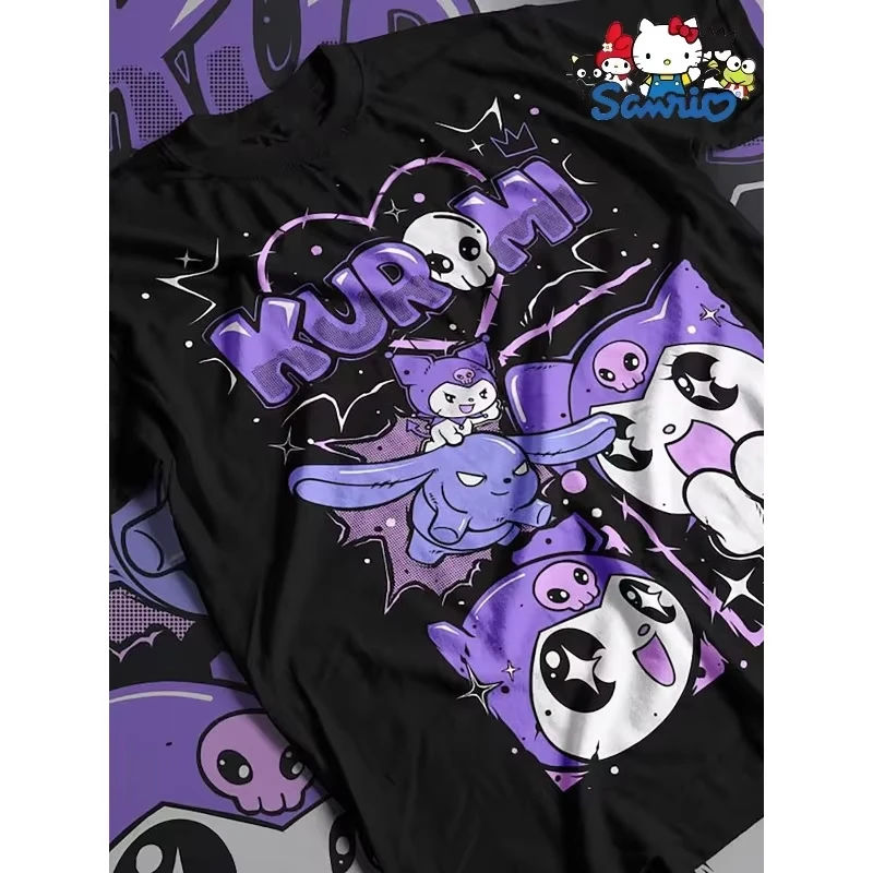 

Женская модная футболка Sanrio Kuromi с коротким рукавом, хлопковая, для весны/лета, уличный стиль