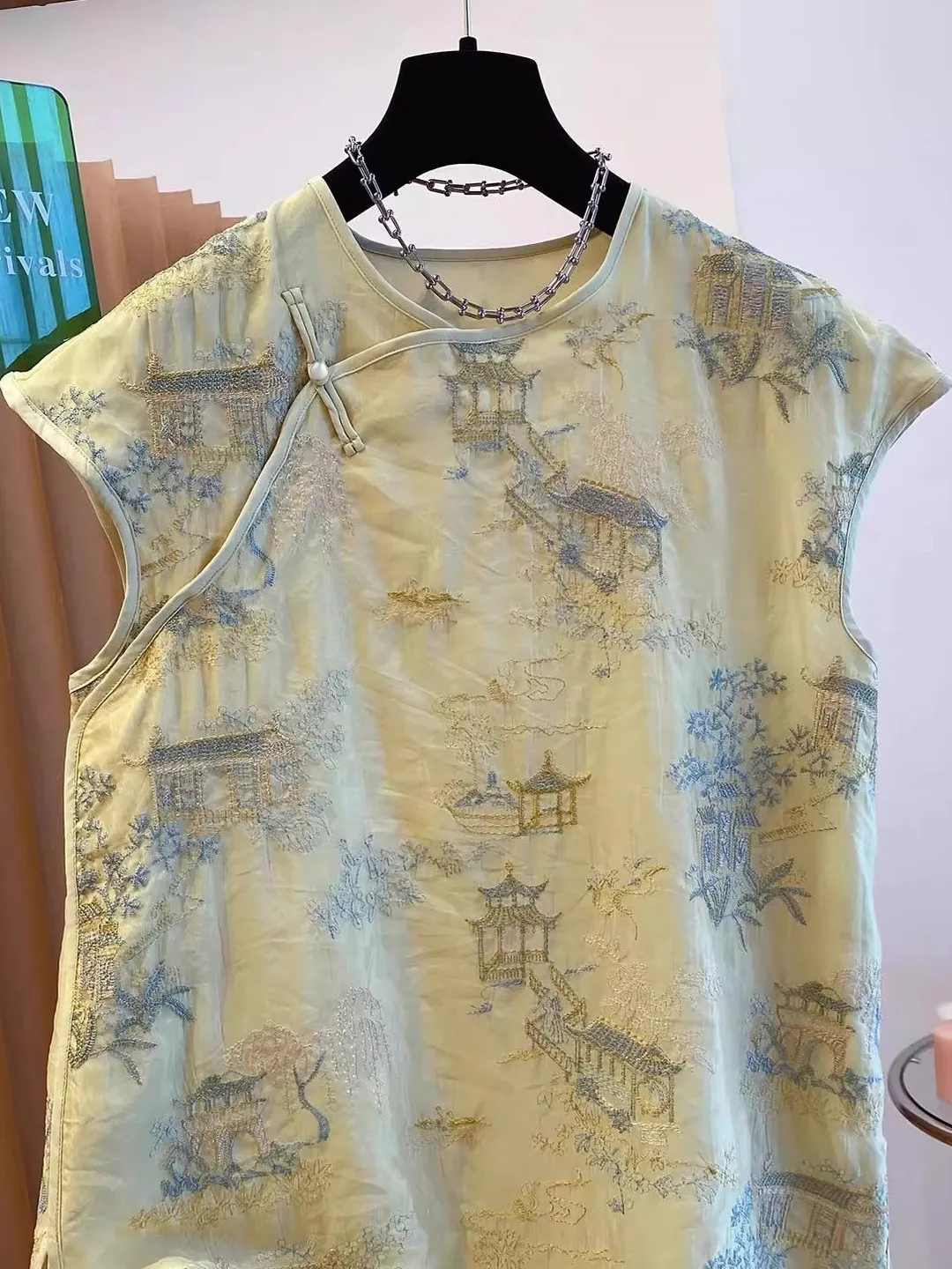 Neues chinesisches SLE-Blumendruck-Irtl-Top für Damen, Sommer, High-End, personalisierbar, verbesserte Baumwolle, Leinen, lockere Passform, Bl...