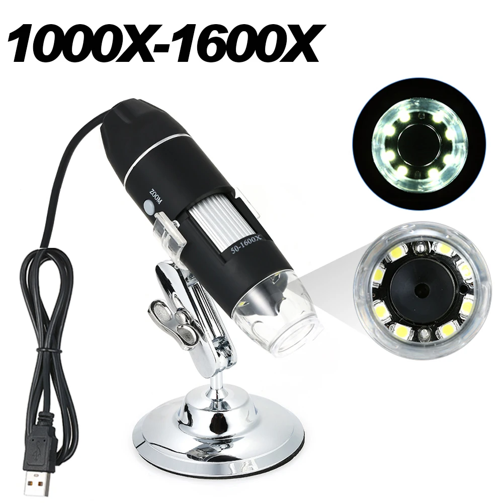 Microscopio Digital con USB, Lupa Electrónica, cámara endoscópica estéreo de 0,3 MP y 8 LED, 1600X, 1000X