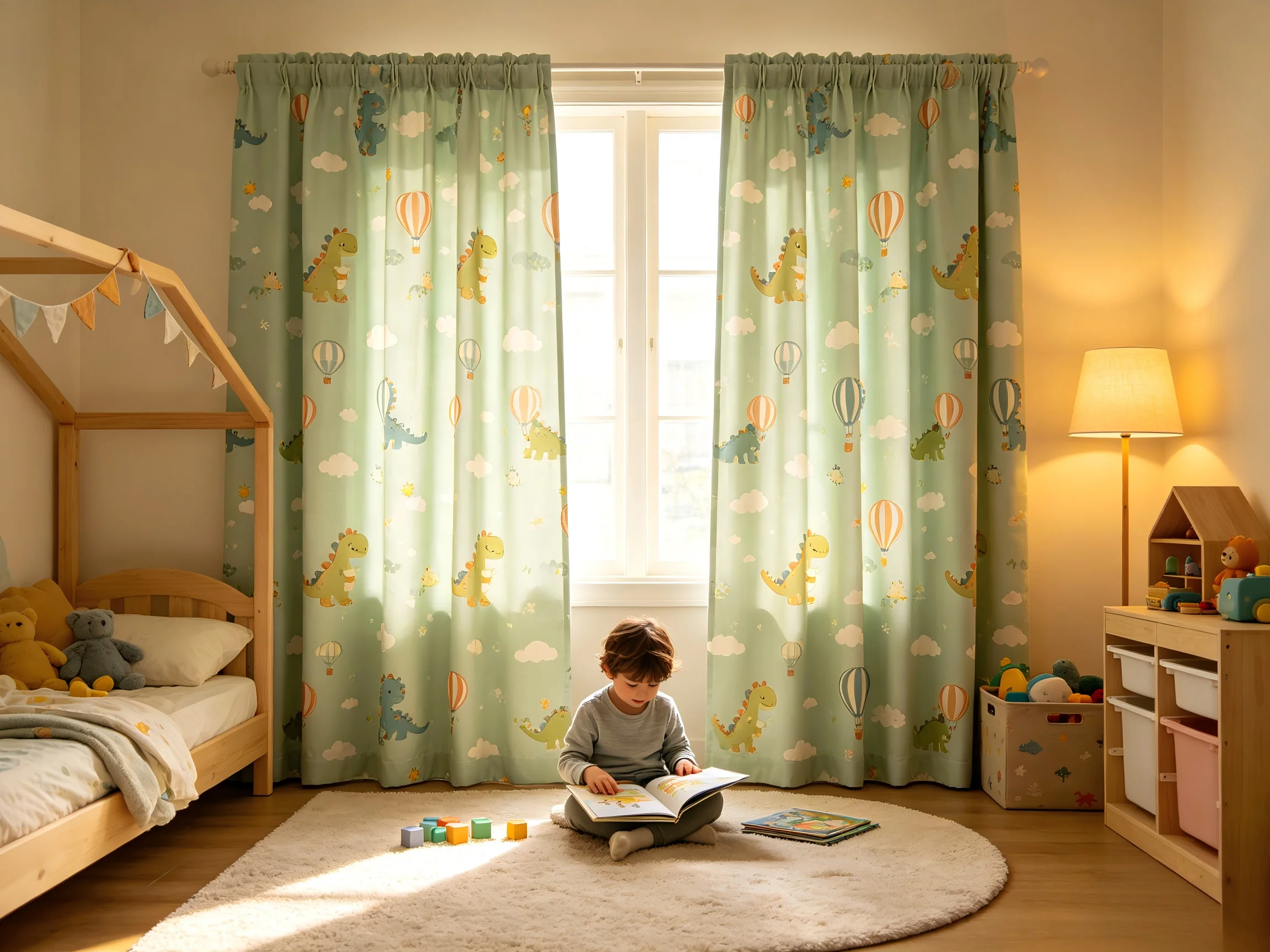 200140   Light green dinosaur hot air balloon children's blackout curtain