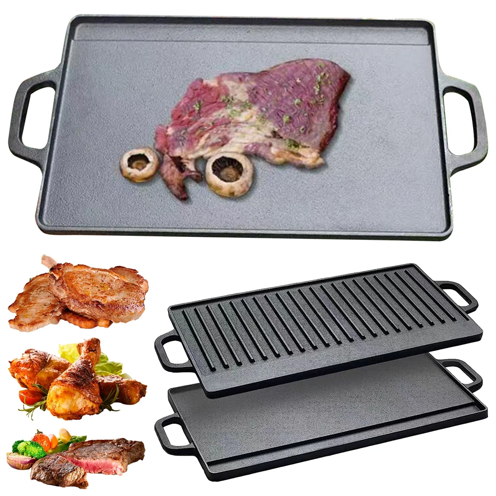 Cast Iron Grill Plate Double Sided Griddle Pan with Double Handles for Steaks Broil Bread Eggs Pancakes Vegetables