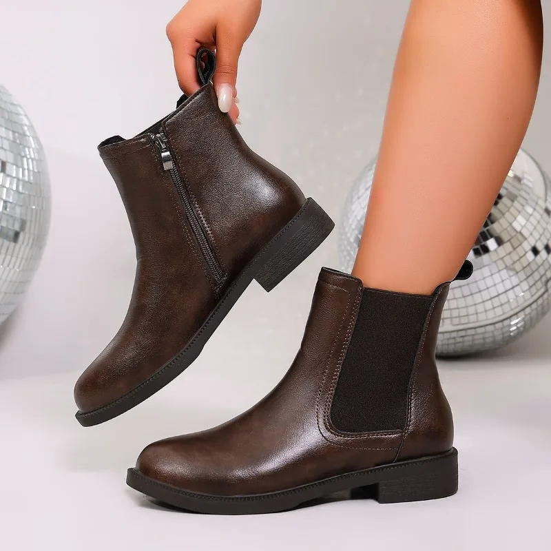 

2026 New Fashion Simple Style Casual Women's Ankle Boots Spring Autumn Retro Solid Color Soft Soled Comfort Zipper Women Shoes