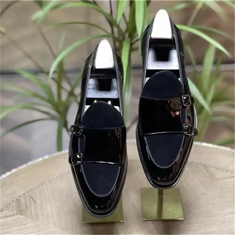 Black Men Monk Loafers Genuine Leather Stitching Cow Suede Double Buckle Casual Shoes Wedding Party Daily Classic Dress Shoes