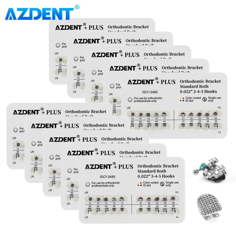 Azdent 10 pacotes de suportes dentais mini sandard cinta braquetes ortodônticos metal roth mbt slot edgewise 0.022/0.018 base de malha azdent plus