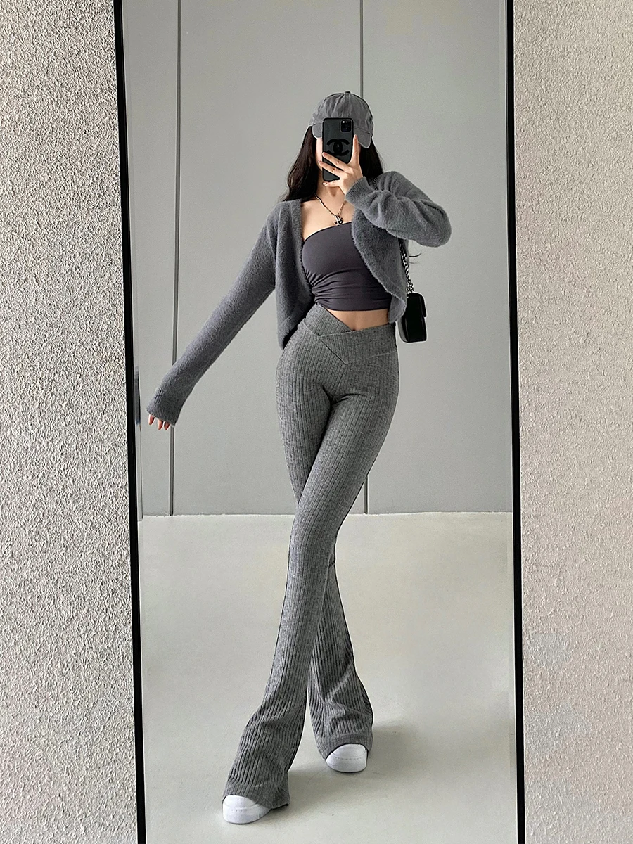 

High Waist V-Neck Knitted Casual Pants Long Loose Leggings Visual Lengthening Effect Casual Trousers Floor-Length Pants