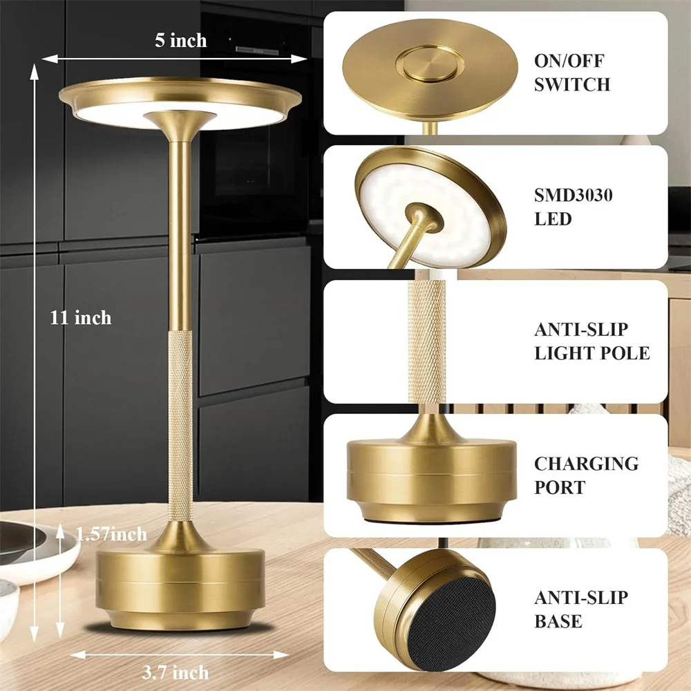 Lampada da tavolo a LED senza fili DC5V Lampada da comodino in metallo ricaricabile USB Sensore tattile e luminosità dimmerabile per studio/caffè/bar