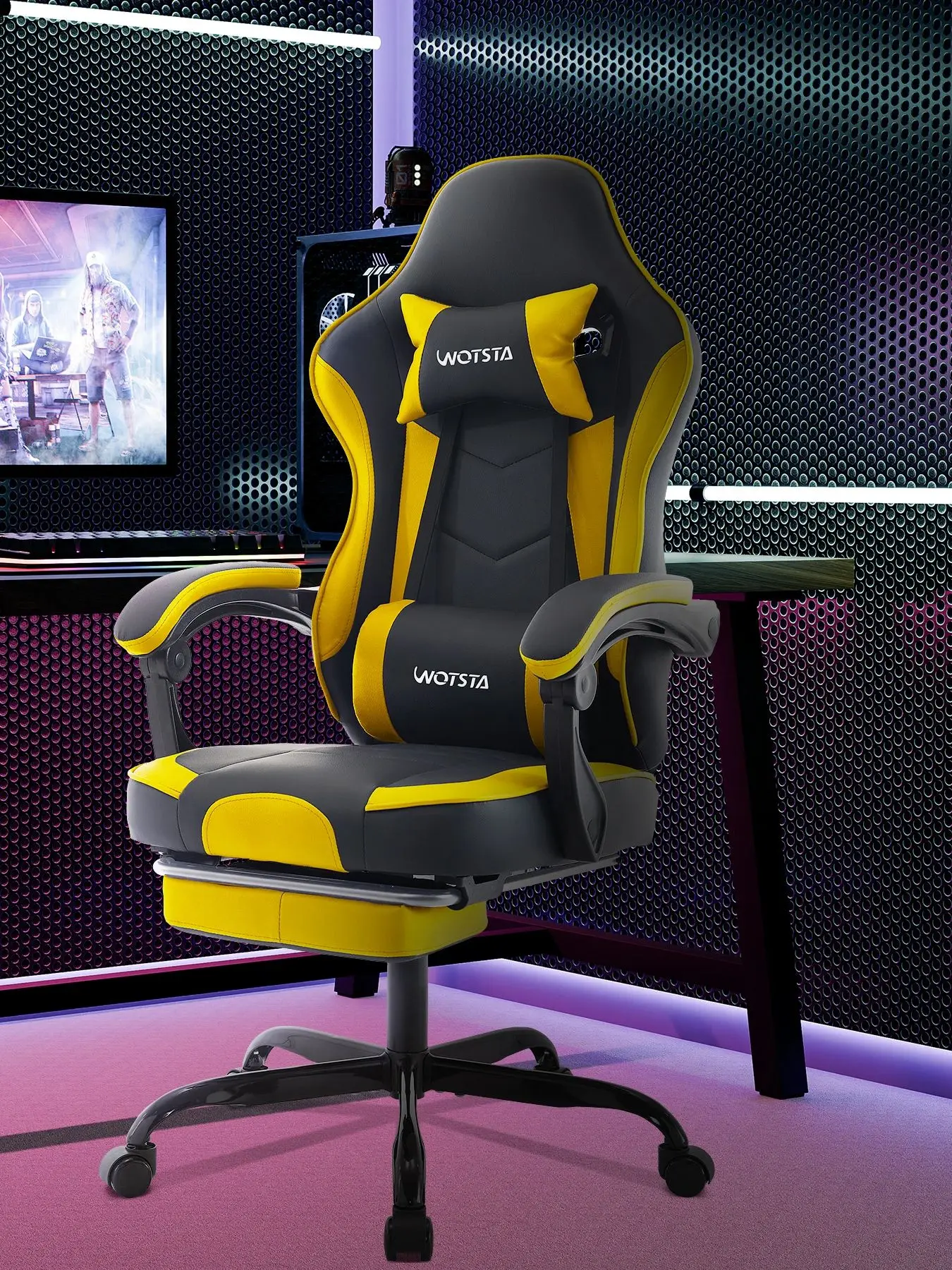 WOTSTA Gamingstoel met voetsteun Gamerstoelen Ergonomisch met lendenkussen Hoofdsteun Stoel In hoogte verstelbare computerstoel - afbeelding 2