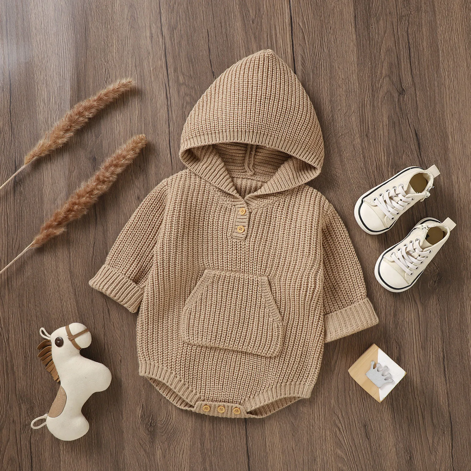 Baby Boy Clothes Autumn Newborn Infant Baby Girl Boy Solid Knit Sweater Hooded Romper Bodysuit Sweatshirt With Pocket Long