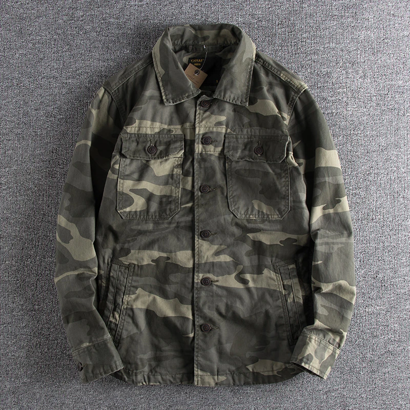 Vintage Heavy Camouflage Tooling Jacket Men Autumn New Lapel Multi Pockets Slim Fit Cargo Jacket Outdoor Workwear Cardigan Coat