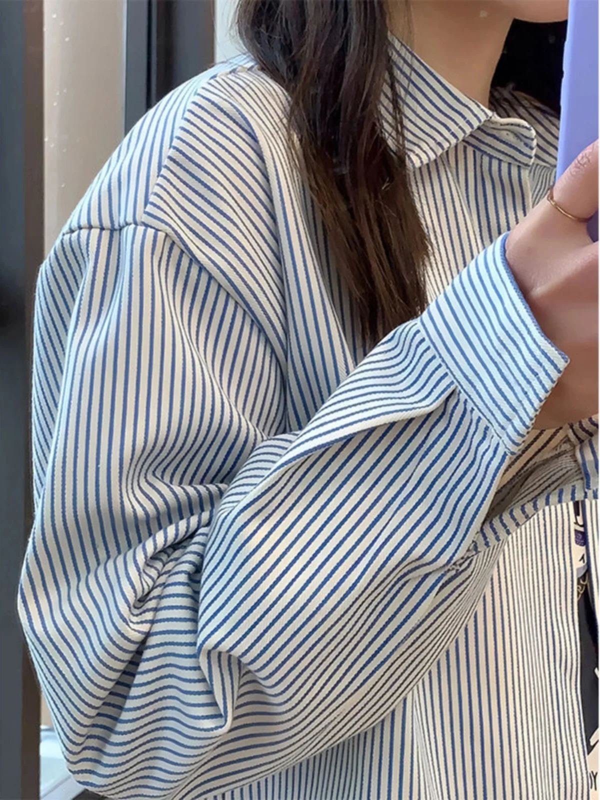 

Blue Striped Men's Long Sleeve Cotton Shirt Cleanfit Summer Outerwear Couple's Vintage American Style Pure Cotton Shirt