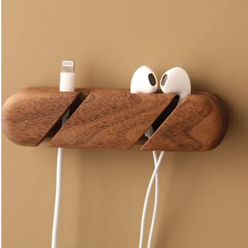 

Black Walnut Solid Wood Cable Organizer Elegant Desktop Data Cable and Headphone Clip Premium Wire Management Tool