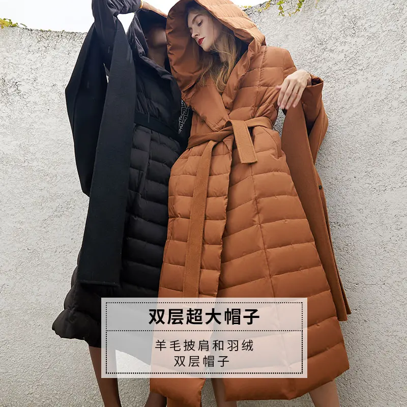 2024 New Womens Down Jacket Stylish and Trendy Design with Premium Wool Splicing Slim Fit OvertheKnee Length Down Coat for Women