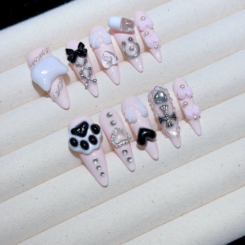 

Handmade DetachableFake Nails With Pink Hearts Gentle Cat Claws Long Nails Bows Pearls Fake Nails