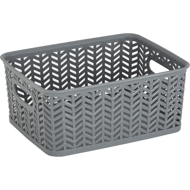 Small Herringbone Bin Storage Tote Basket Organizer Decorative Good for Closets Countertops Desks Dressers Accessories Cleaning