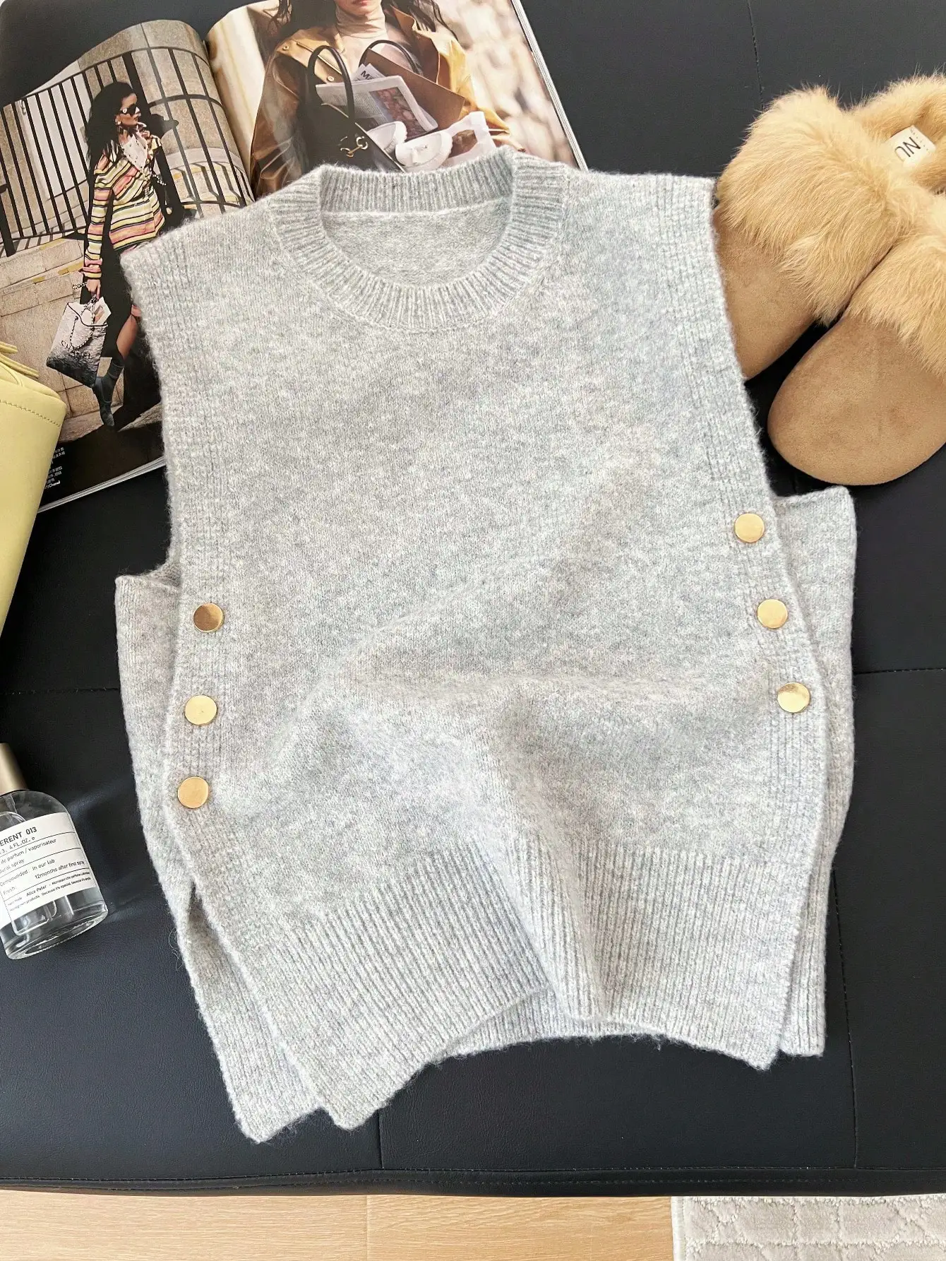Women's Gray Knit Sleeveless Vest with Gold Side Buttons and Split Hem