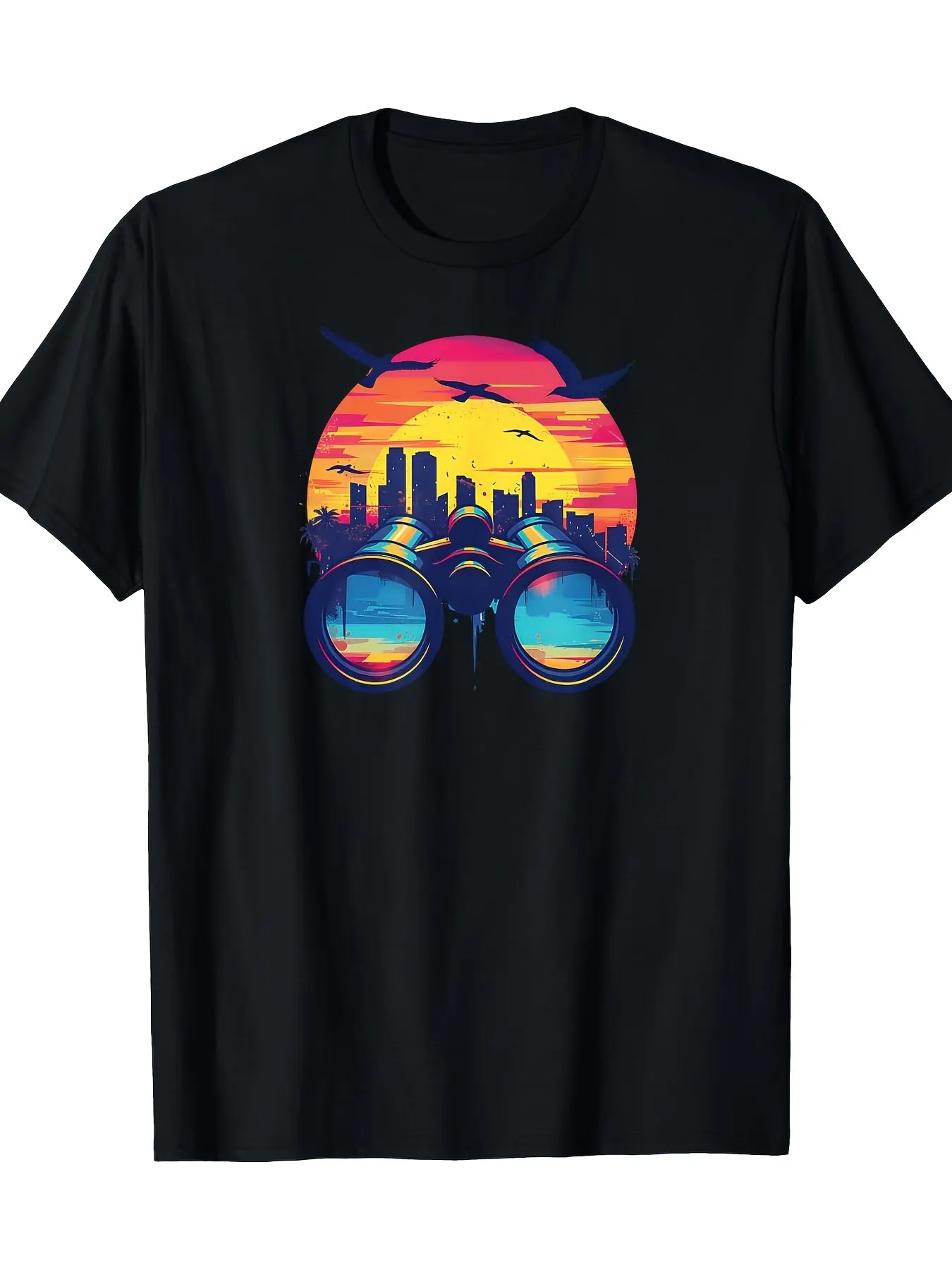 

Women's Retro Binoculars Graphic T-Shirt Urban Birdwatching Design Black Casual Tee with Vibrant City Skyline & Sunset Art