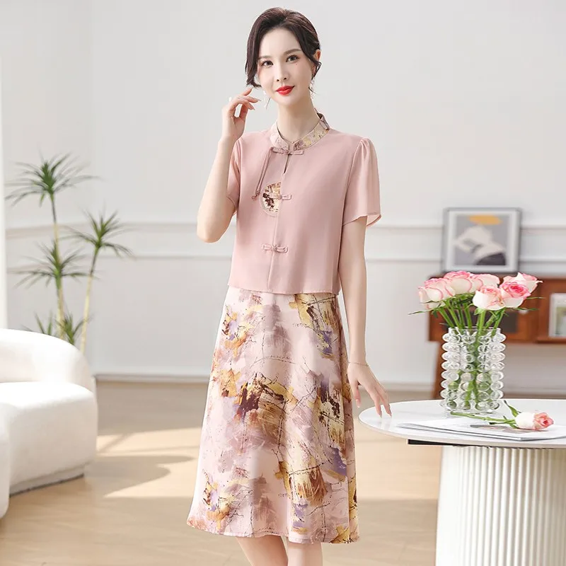 

Women Purple Patchwork Floral Fake Two Piece Midi Dress Summer Short Sleeve Casual Vintage Dress Fashion Bodycon Prom Dress