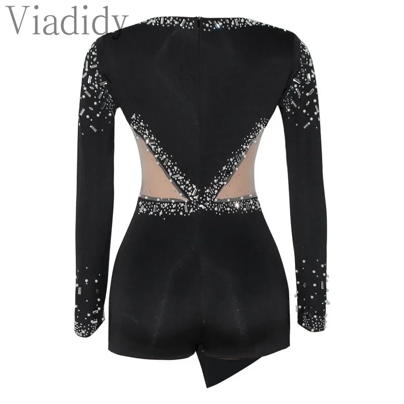 Romper wanita seksi kerah V dengan hiasan berlian imitasi dan jaring, lengan panjang, model ketat